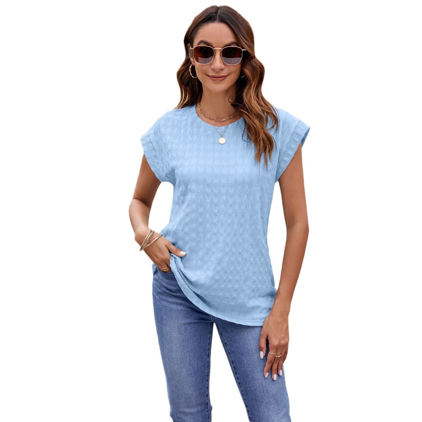 Summer Solid Color Round Neck Loose Blouses