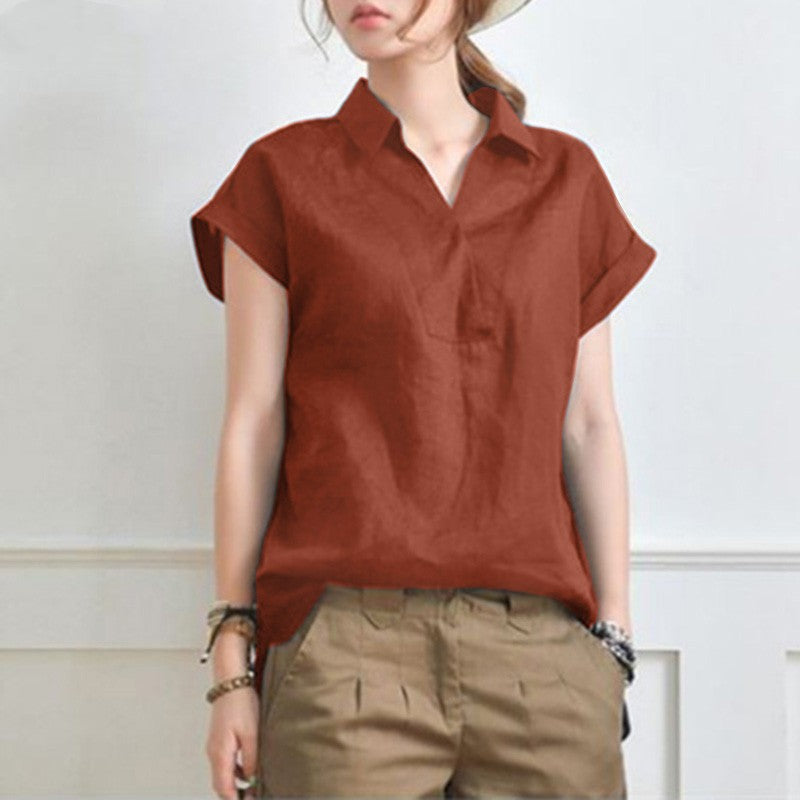 Women's Long Back Lapel Shirt Summer Linen Leisure Sleeve Shorts