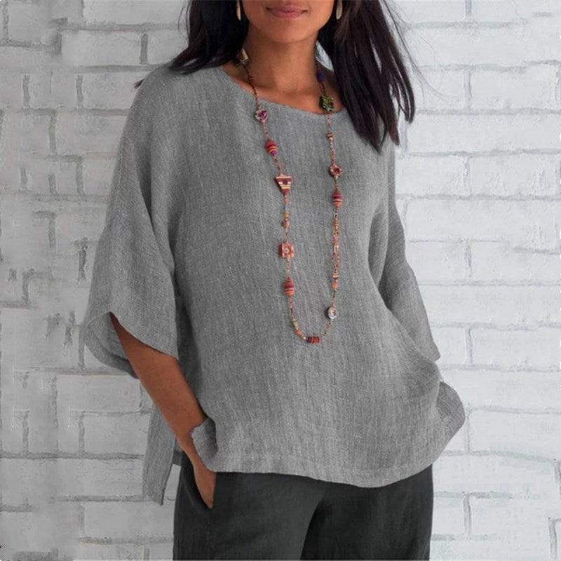 Women's Wear Sleeve Round Neck Cotton Linen Blouses