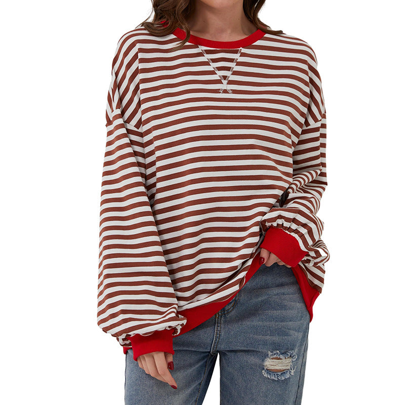 Women's T-shirt Summer Loose-fitting Striped Long Sleeves Blouses