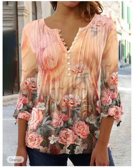 Women's Wear Floral Printed V-neck Sleeve Pleated Blouses