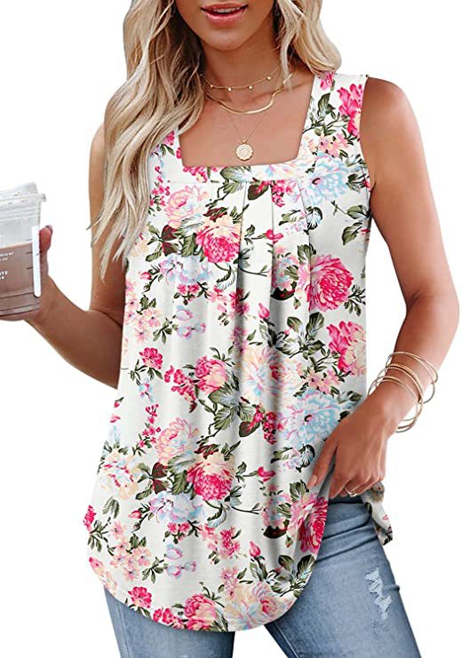 Women's Summer Sleeveless Square Collar Printed T-shirt Blouses