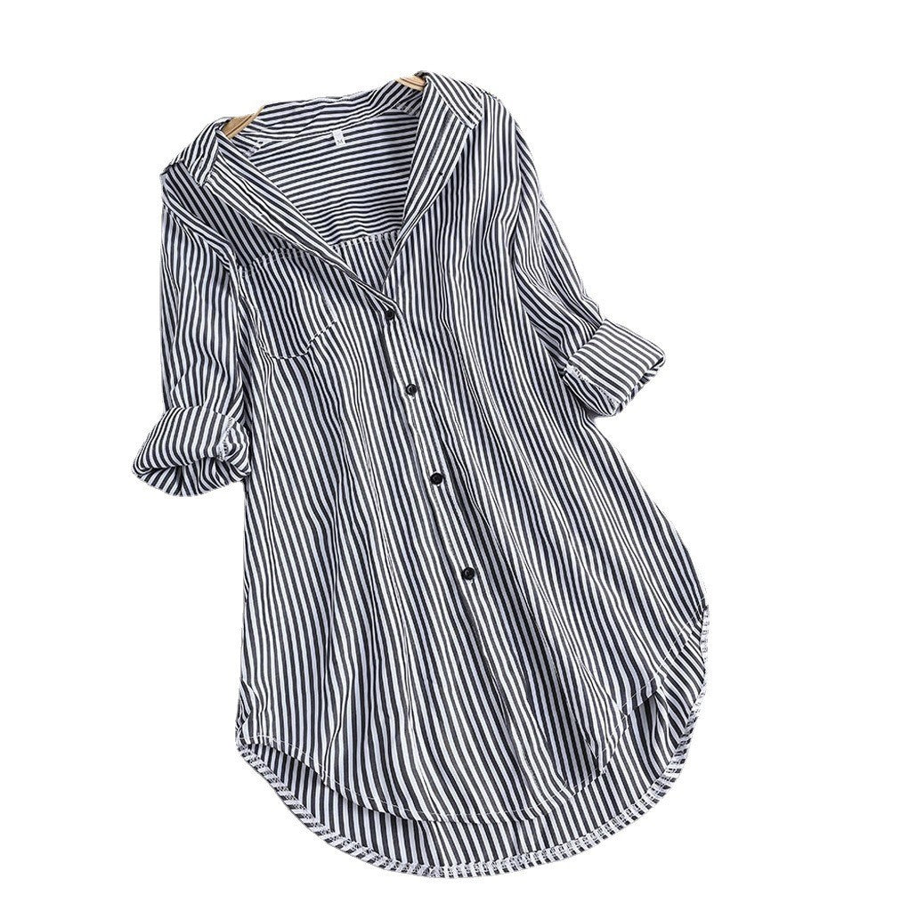 Women's Chic Striped Long Sleeve Collar Loose Blouses