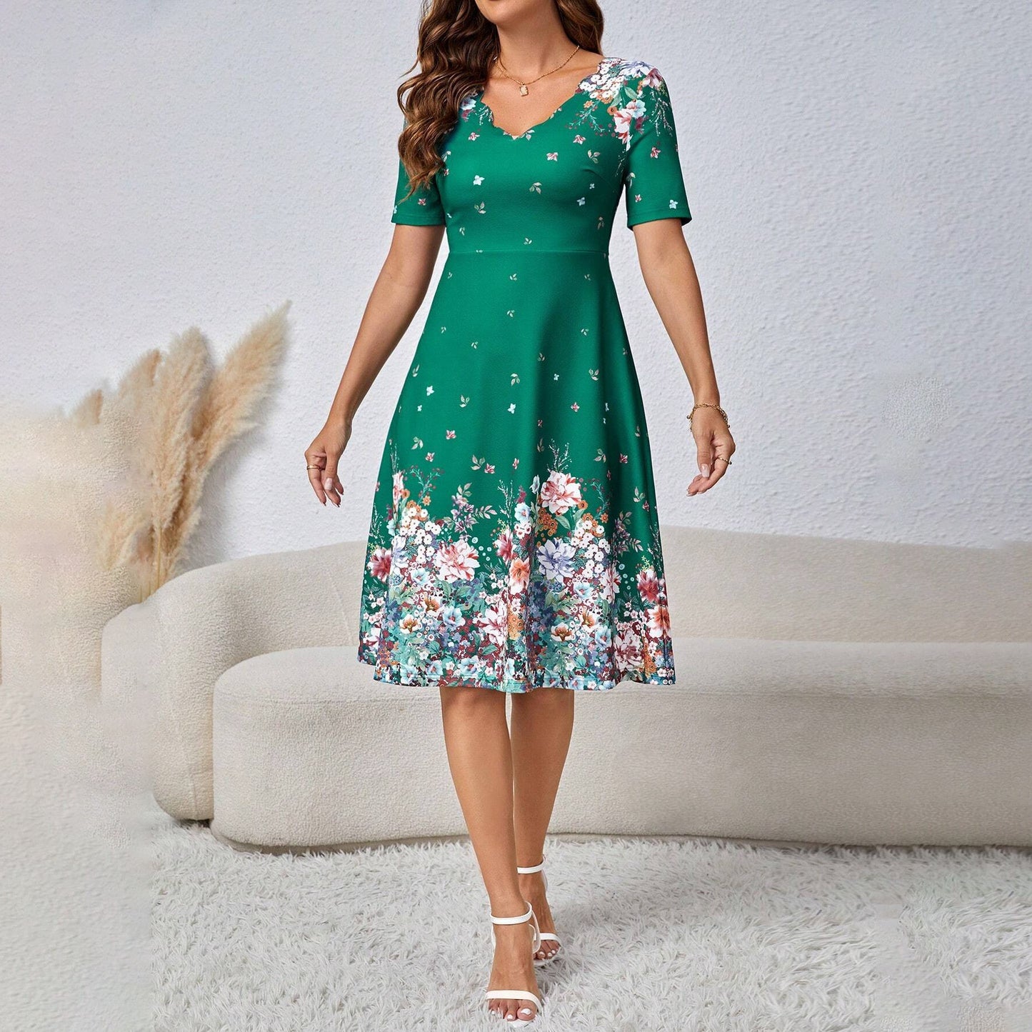 Casual Fashion Wave Floral Print Sleeve Dresses