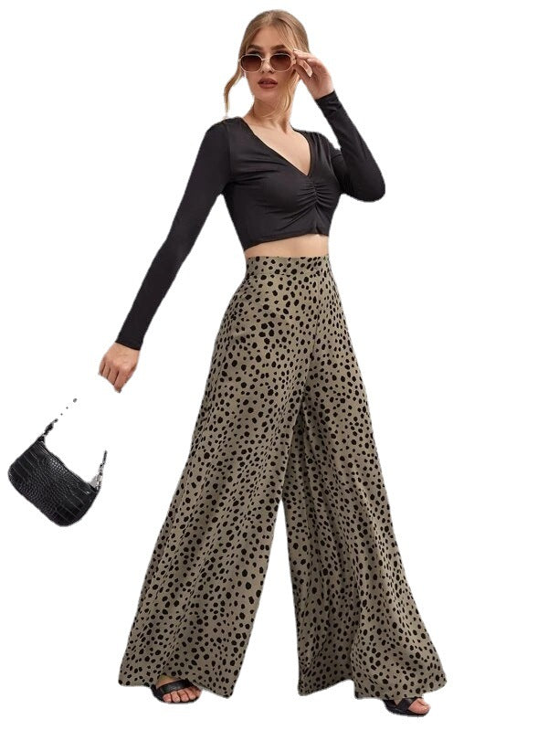 Loose High Waist Leopard-print Wide Leg Pants