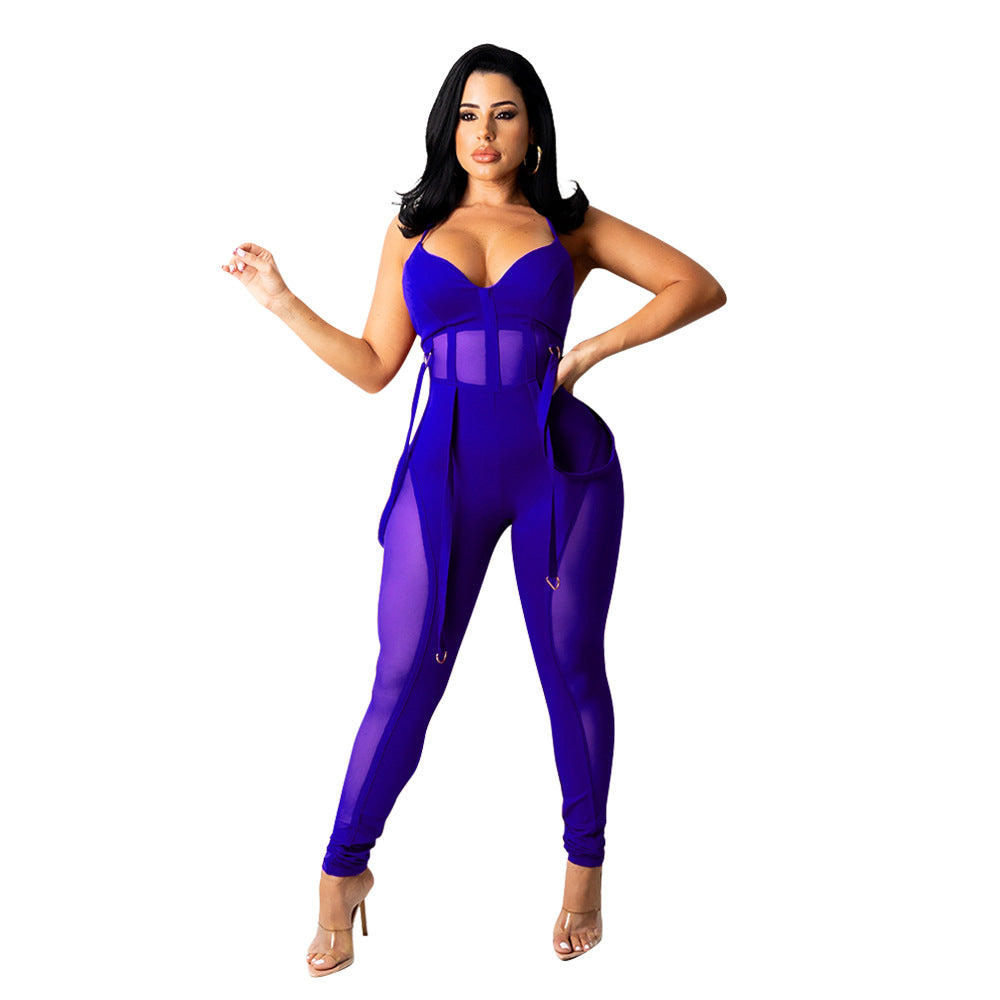 Damen Herbst Mesh Sexy Hosenträgerhose Jumpsuits