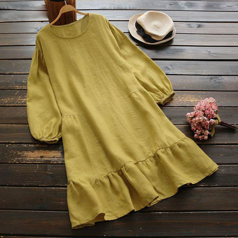 Women's Style Solid Color Cotton Linen Dress Patchwork Ruffled Dresses