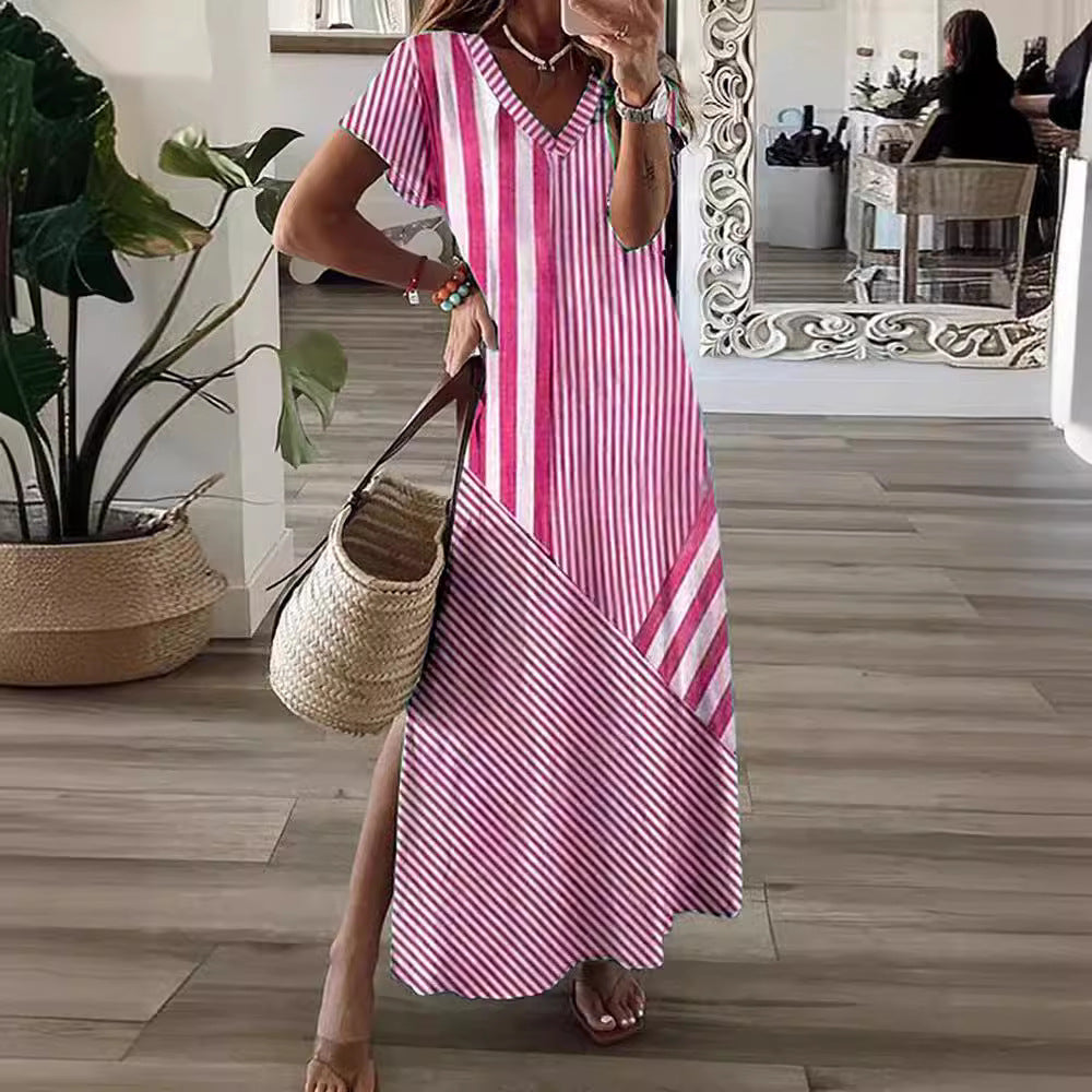 Women's Striped Positioning Printed Split Dress Dresses