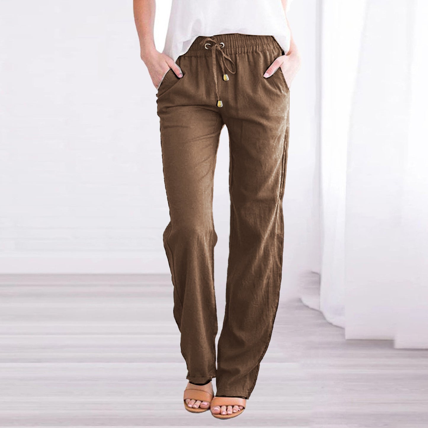 Women's Solid Color Cotton And Linen Loose Drawstring Pants