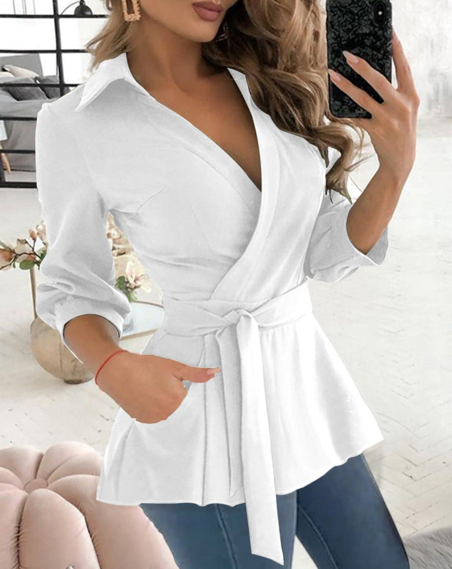 Women's Autumn Print Long Sleeve Belt Shirt Blouses