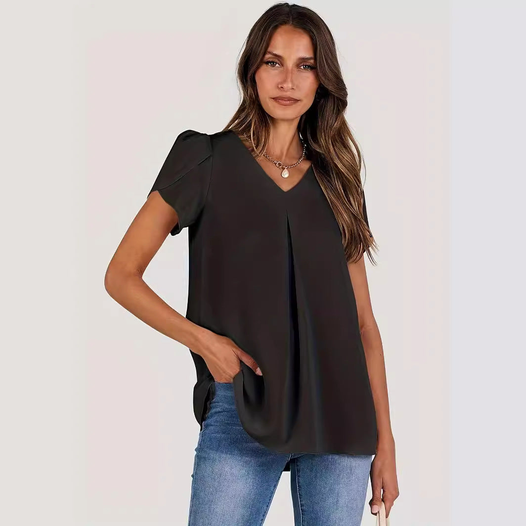 Damen Sommer Casual Kragen Kurzarm Hemd Taille Blusen