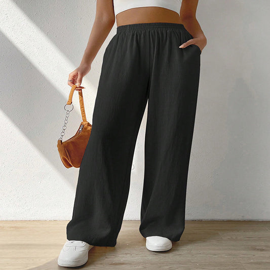 Loose-fitting Casual Trousers Mid Waist Solid Pants