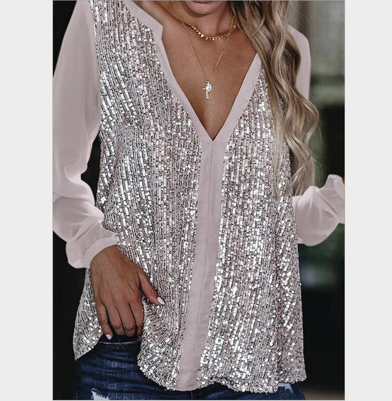 Urban Casual Sequin V-neck Long Sleeve Loose Pullover Solid Color Blouses