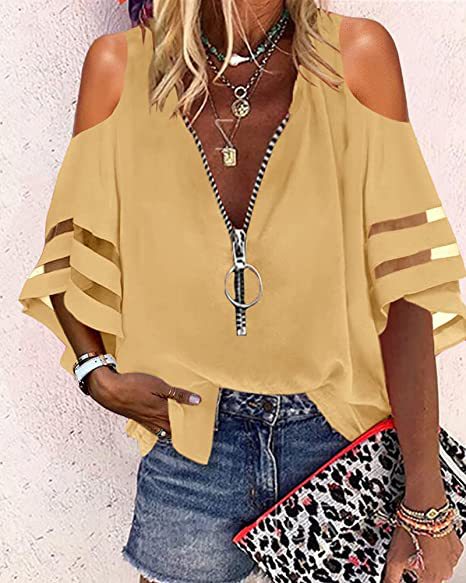 Women's Bell Sleeve Mesh Stitching Loose Casual Blouses