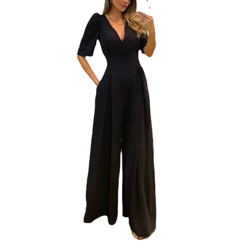 Women's Temperament Leisure V-neck Lace-up High Waist Puff Suits