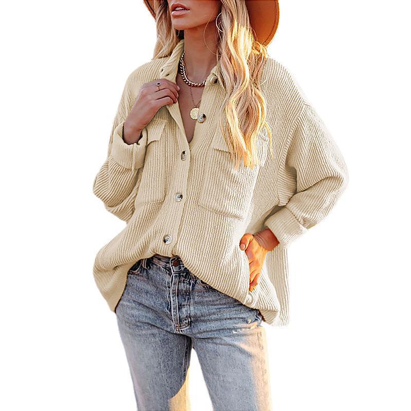 Women's Solid Color Loose Corduroy Pocket Long Blouses