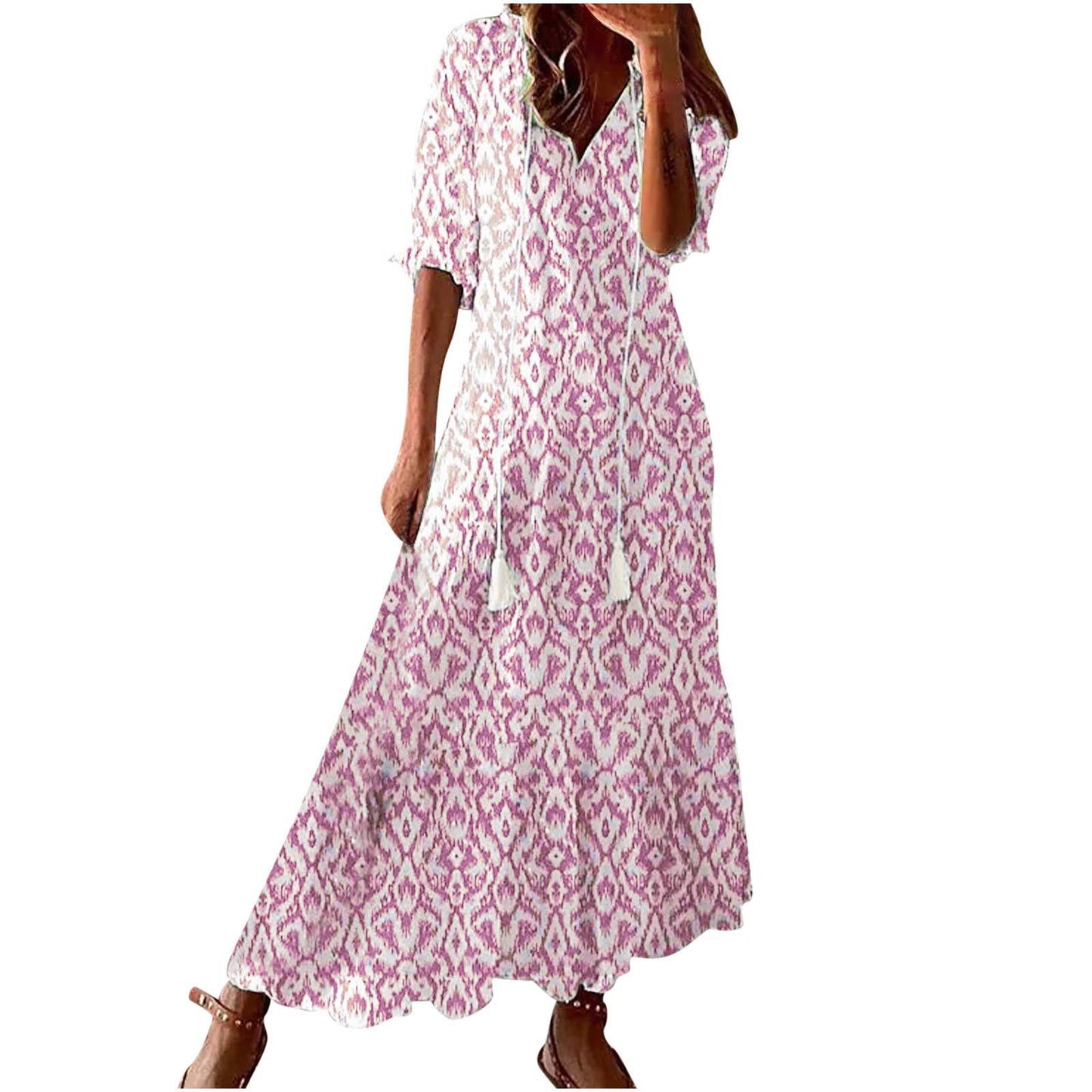 Women's Bohemian Style Print Dress Mid Waist Dresses