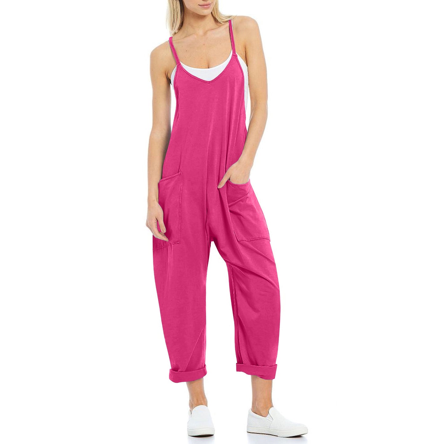 Women's Pocket Spaghetti Straps Knitted One-piece Trousers Jumpsuits