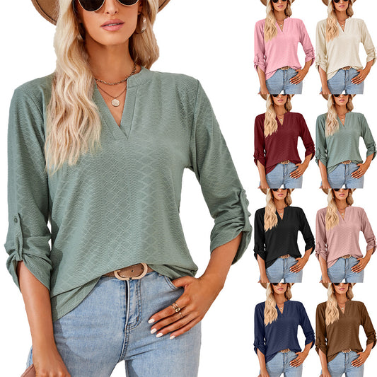 Women's Solid Color And Three-quarter Sleeve Button Tops