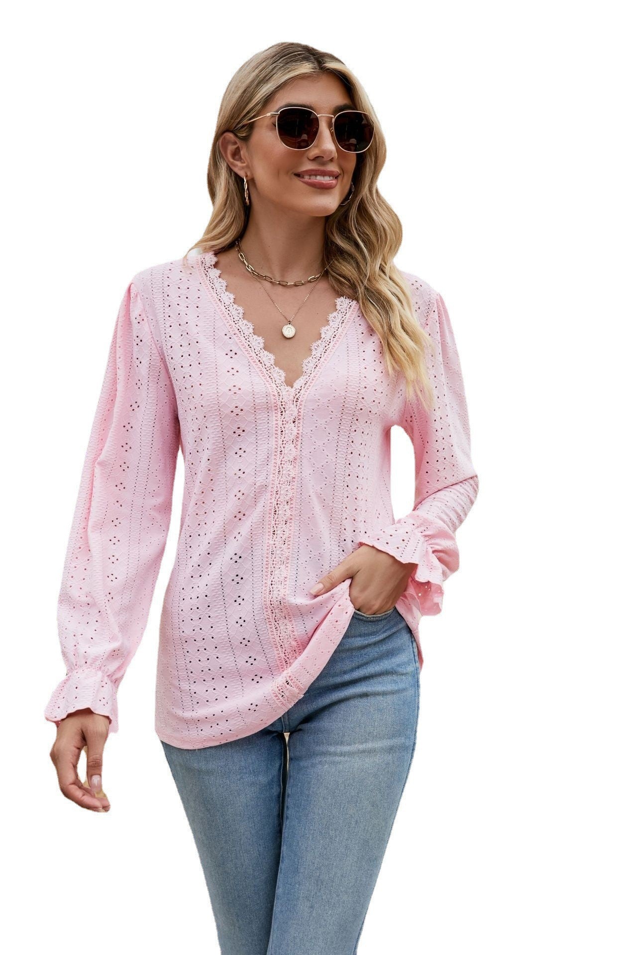 Solid Color Lace Patchwork Long Sleeve Blouses