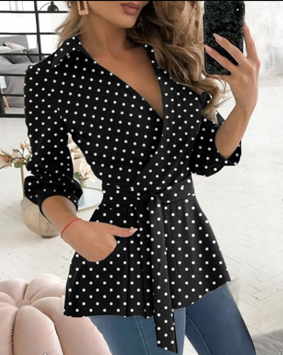 Women's Autumn Print Long Sleeve Belt Shirt Blouses