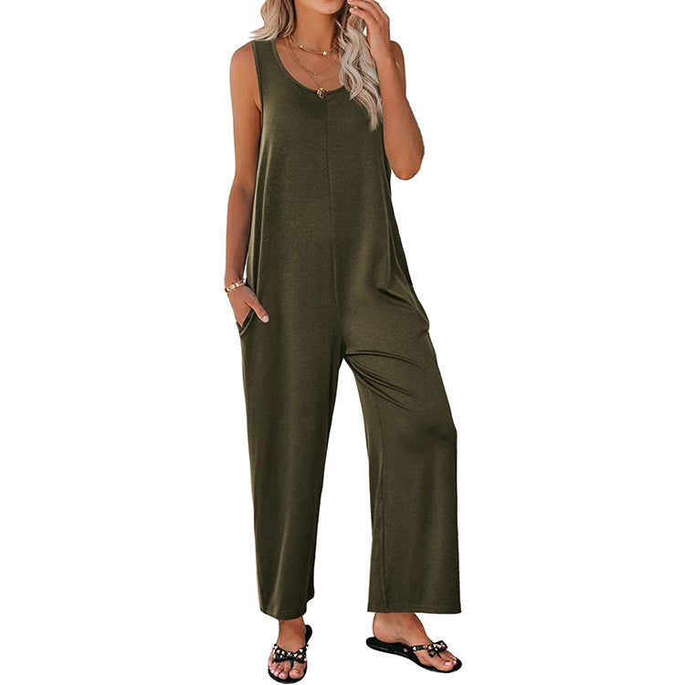 Women's Sling Loose Straight Solid Color Wide Jumpsuits