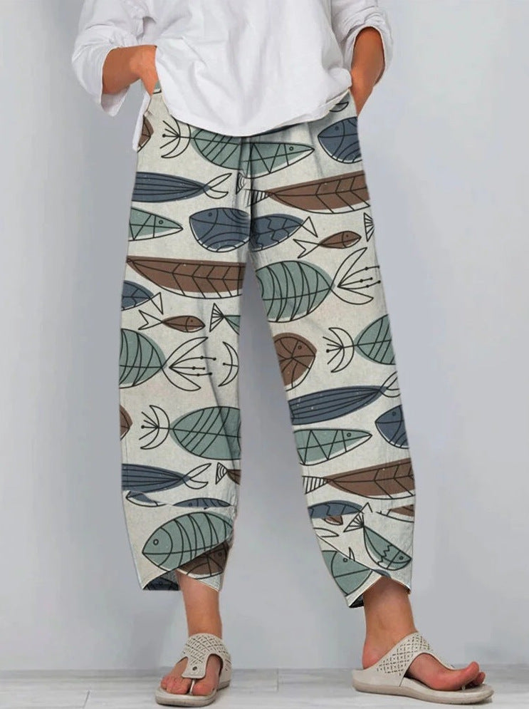 Women's Waist Gray Printed Stitching Loose Cropped Pants