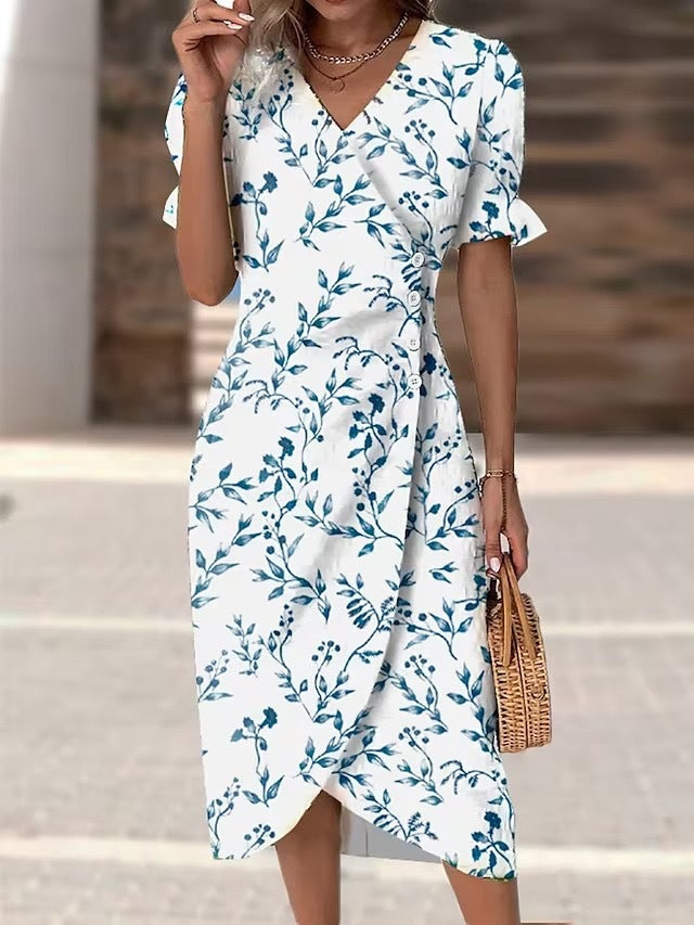 Women's Summer Printed Button Irregular Hem For Dresses