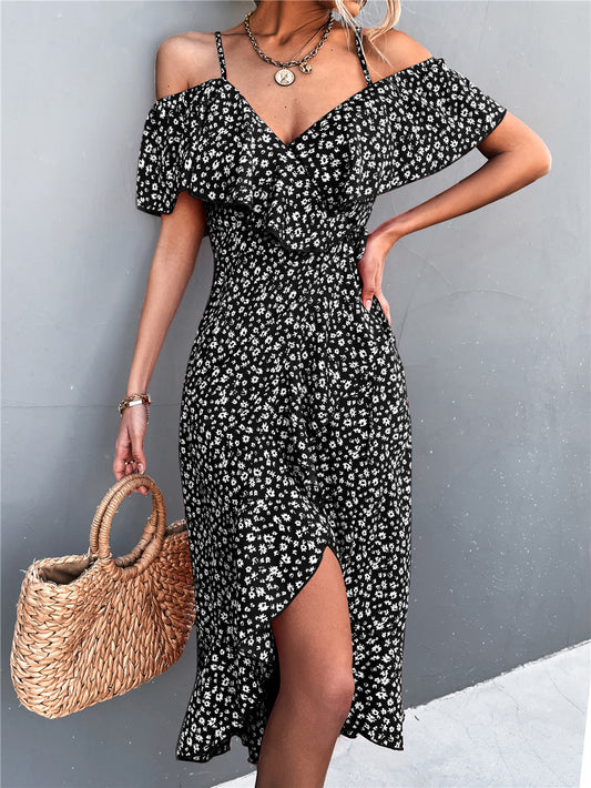 Women's Slim Floral Strap Dress Irregular Long Dresses