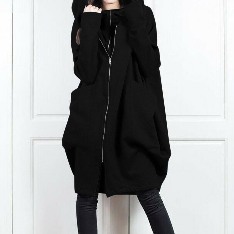 Women's Hooded Pocket Sweatshirt Zipper Mid-length Fake Coats