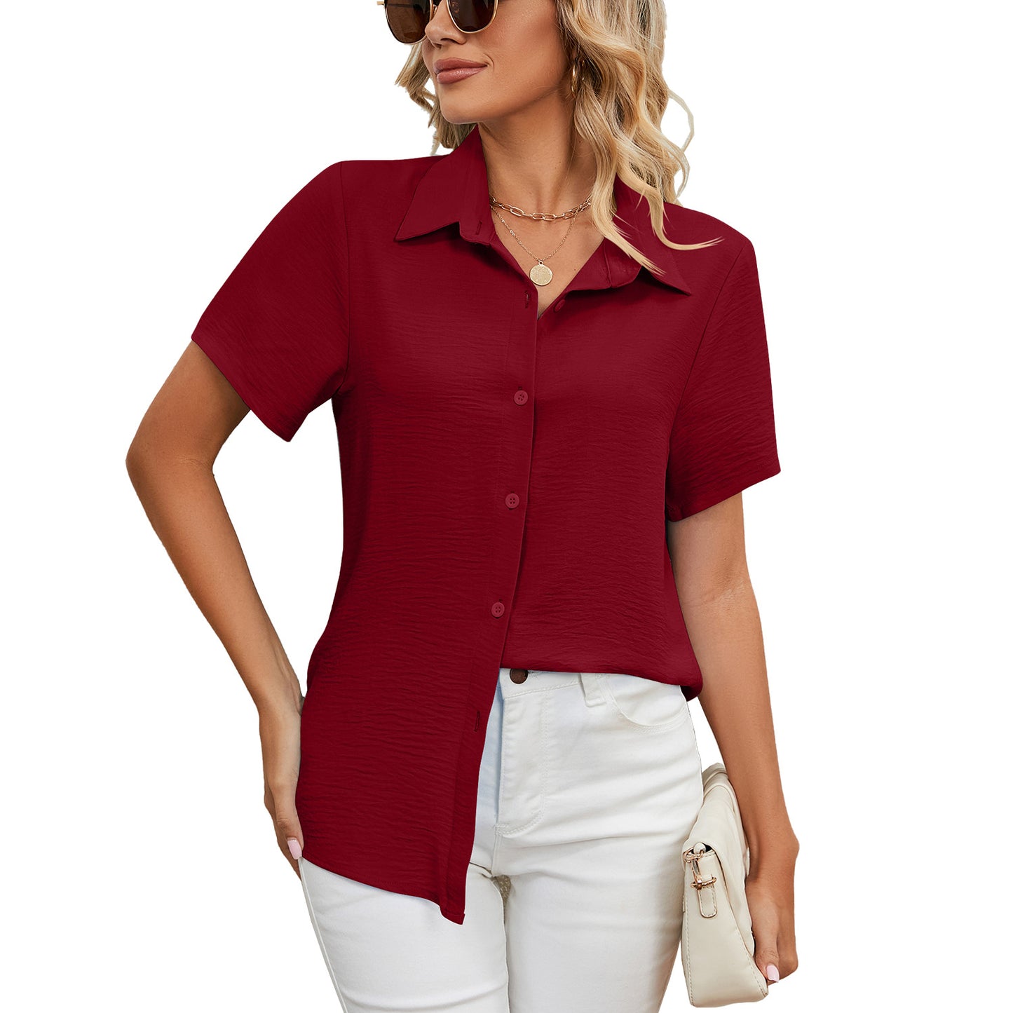 Women's Loose Sleeves Button V-neck Solid Color Blouses