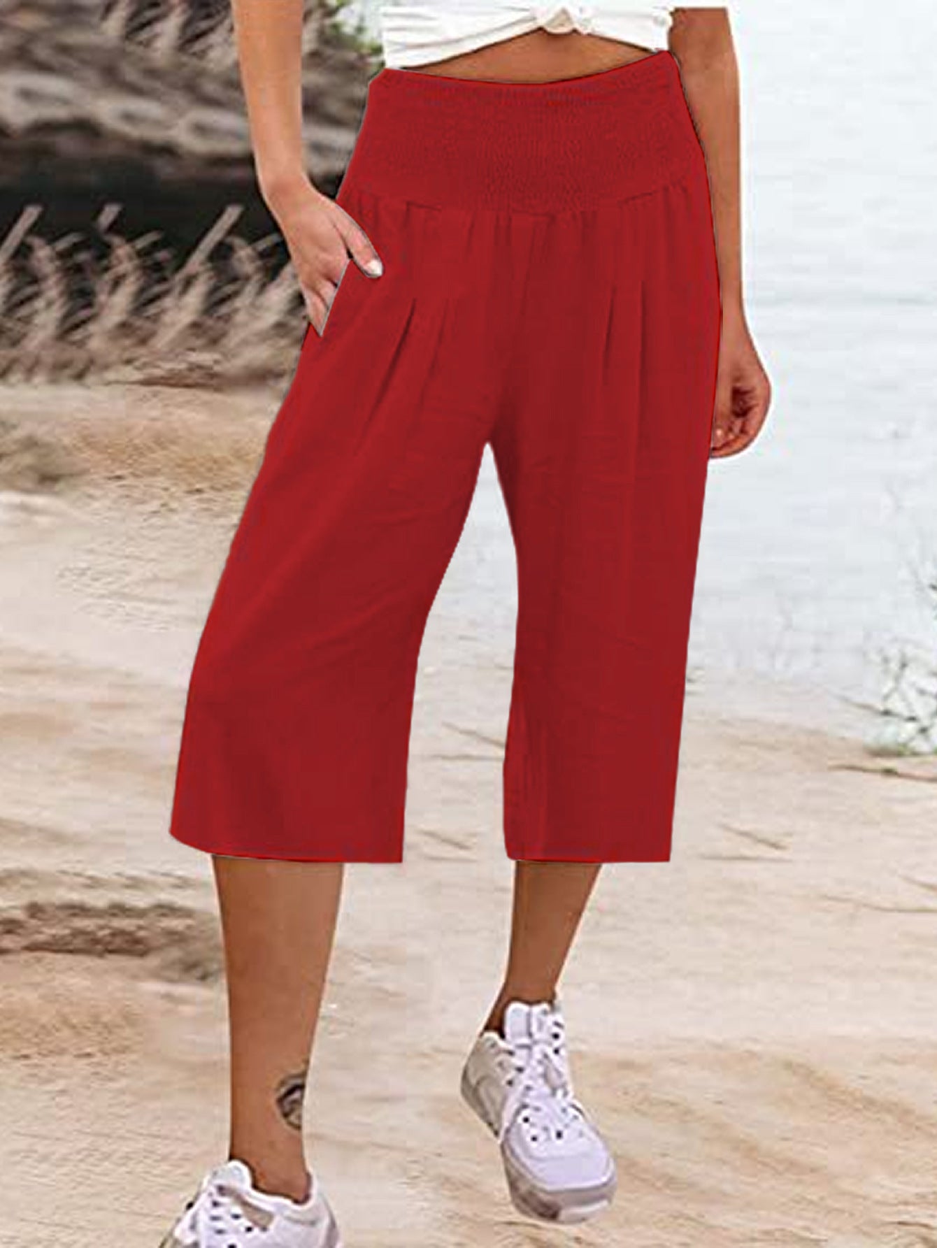 Women's Linen Cropped Waist Smocking Thin Pocket Pants