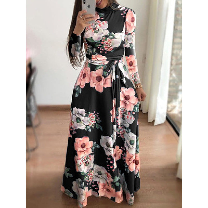 Women's Casual Printed Lace Up Maxi Dress Dresses