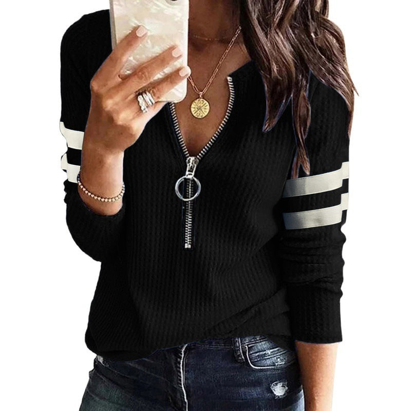 Women's Zipper V-neck Stitching Long Sleeve T-shirt Blouses