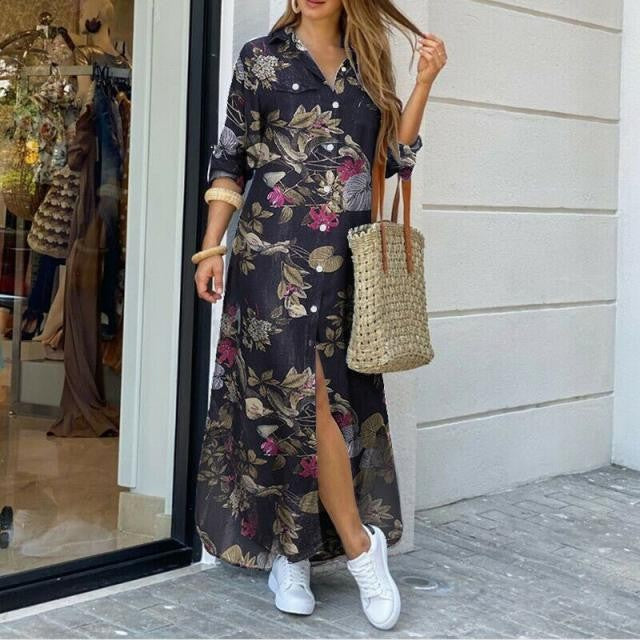 Women's Printed Irregular Hem Long Shirt Dress Dresses