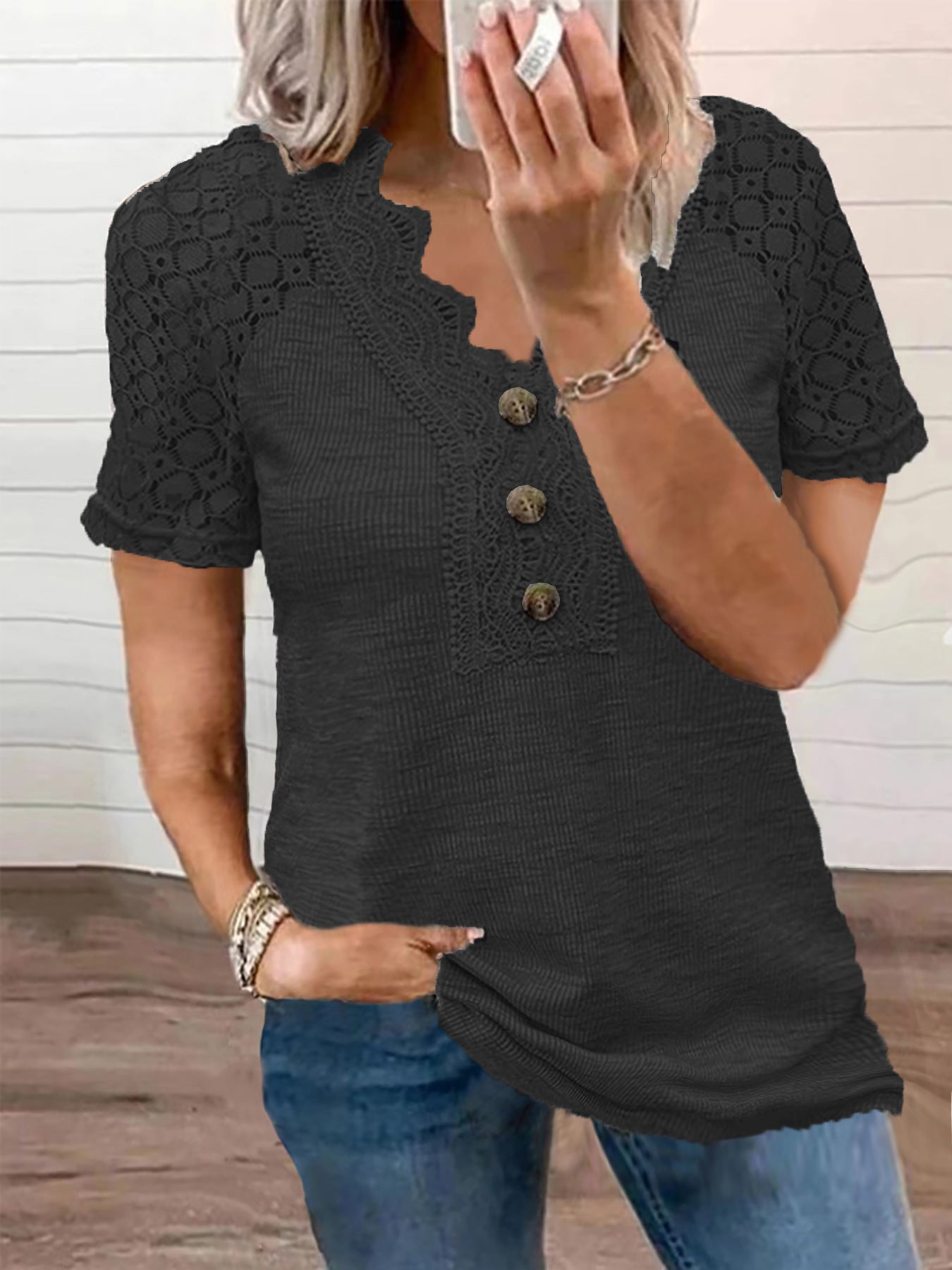 Women's Glamorous Buttons Hollow Lace T-shirt Blouses