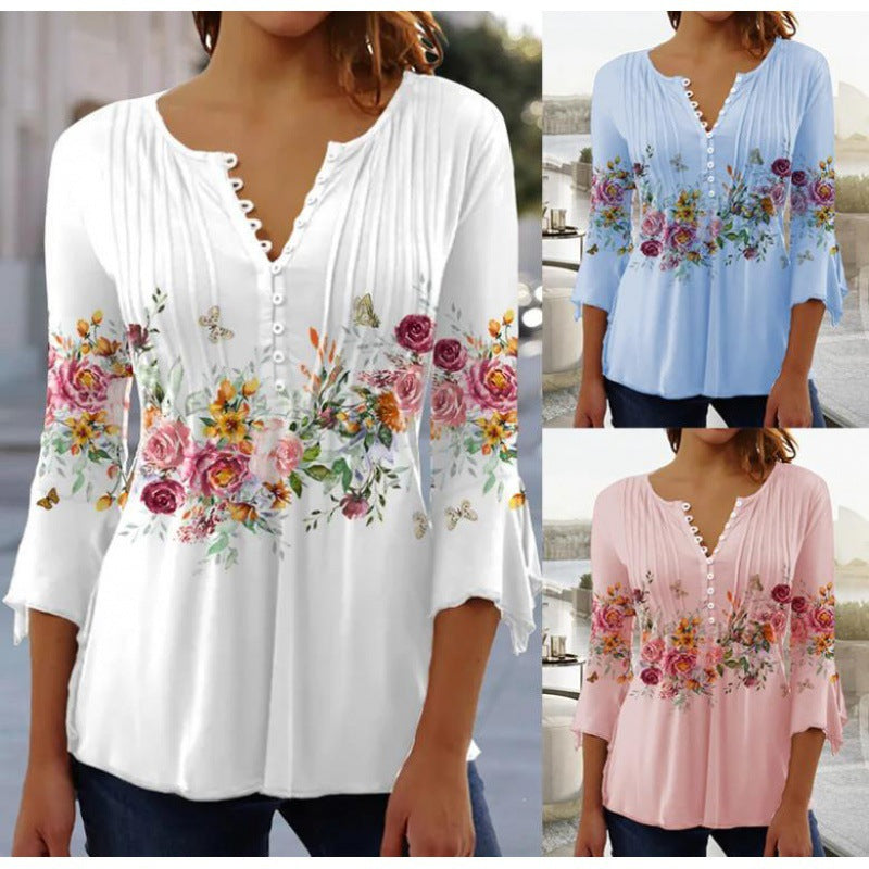 Women's Printed Sleeve Pleated Button T-shirt Bottoming Blouses