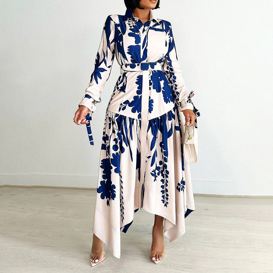 Women's Fashion Temperament Printed Lapel Long Sleeve Dresses