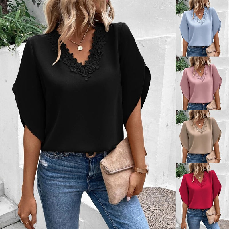 Women's Summer Solid Color V-neck Flared Sleeves Blouses