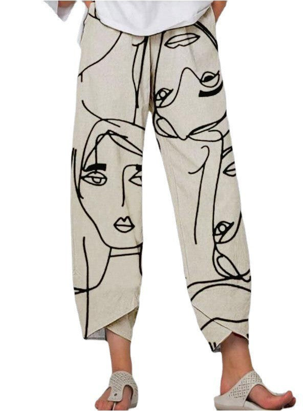 Women's Waist Gray Printed Stitching Loose Cropped Pants