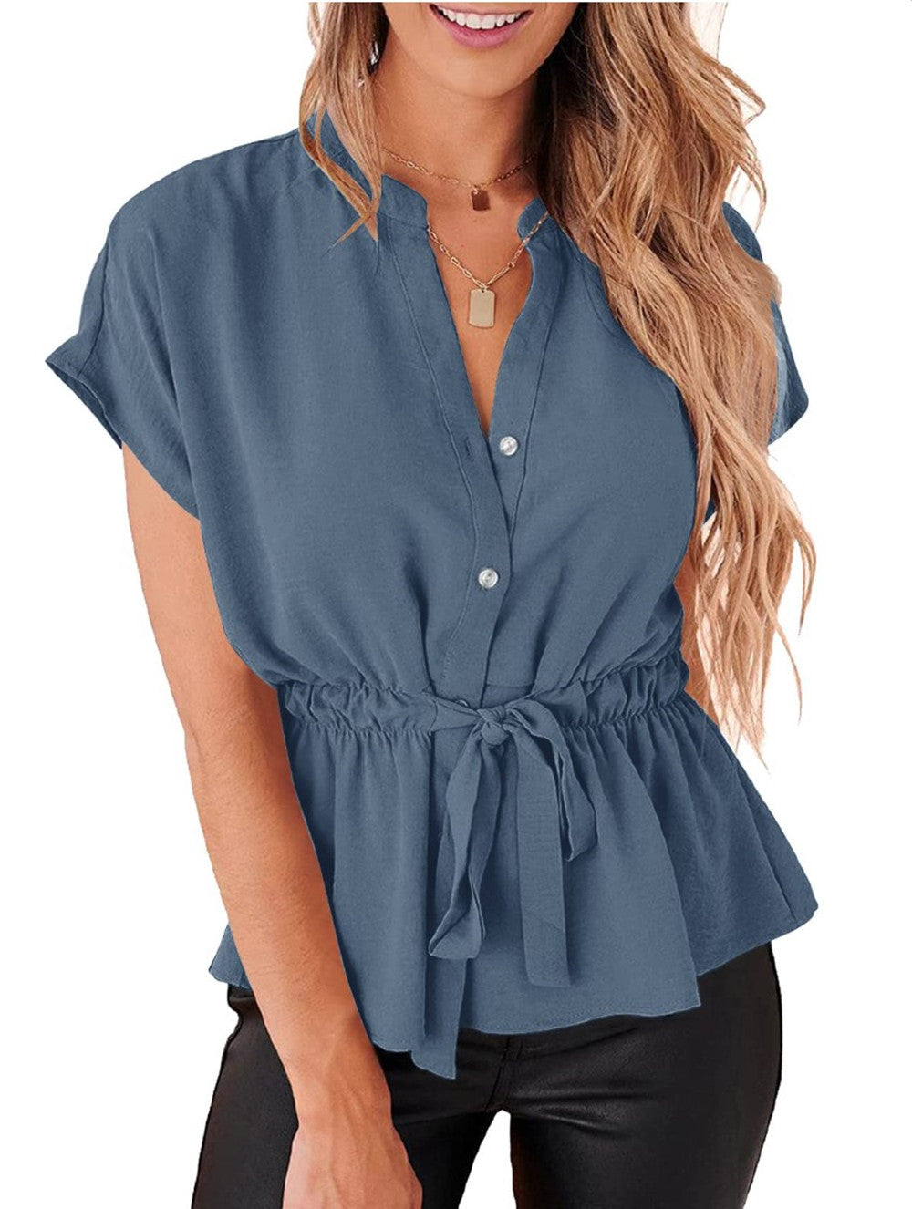 Women's Stand Collar Pleating Lacing Chiffon Batwing Blouses