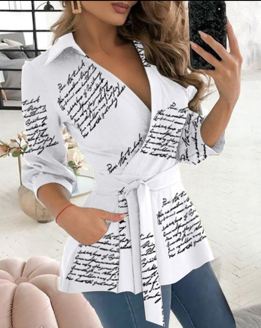 Women's Autumn Print Long Sleeve Belt Shirt Blouses