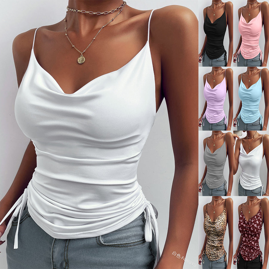 Printed Camisole Solid Color Deep V-neck Strap Tight Drawstring Leisure Tops