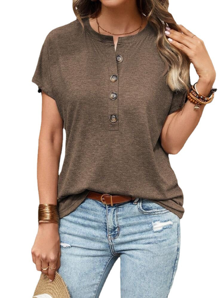 Damen Einfarbige T-Shirt Blusen mit Knopfleiste und modischen Ärmeln