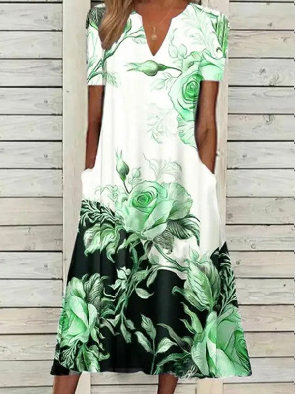 Women's Summer Floral Printed Sleeve Side Pocket Dresses