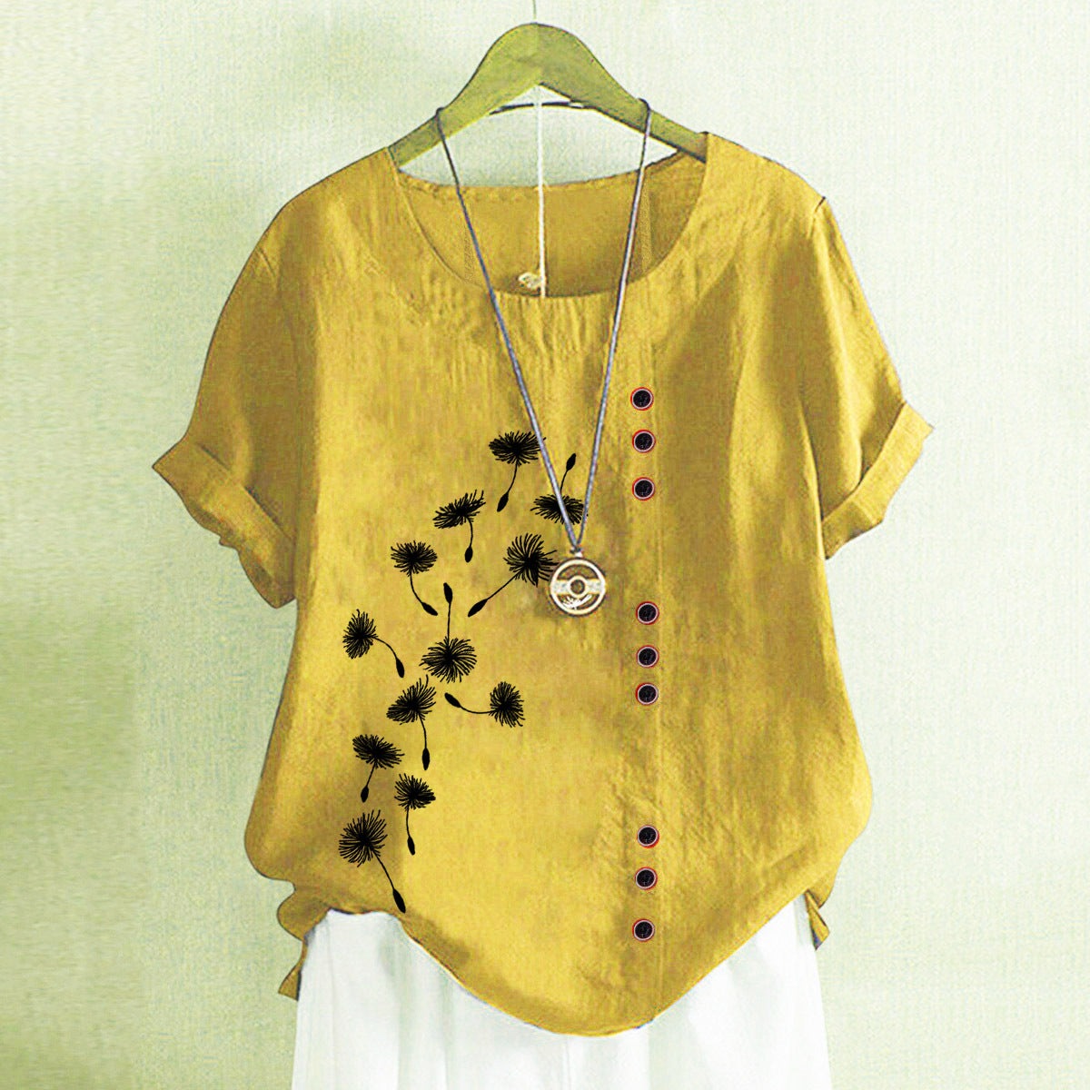 Sleeve With Buttons Round Neck Print Blouses