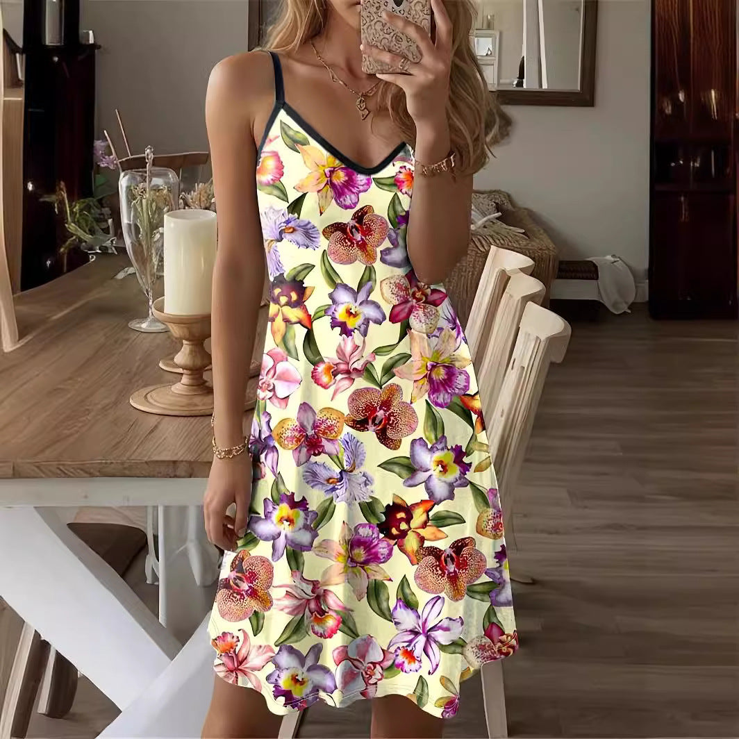 Fashion Flower Print Loose Sling Round Dresses