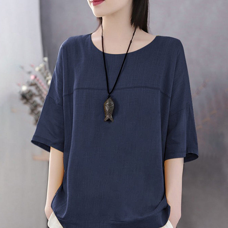 Women's Color Casual Short-sleeved Cotton And Linen Loose Bottoming Blouses