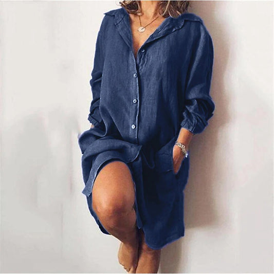 Women's Cotton Linen Mid-length Long Sleeve Solid Blouses