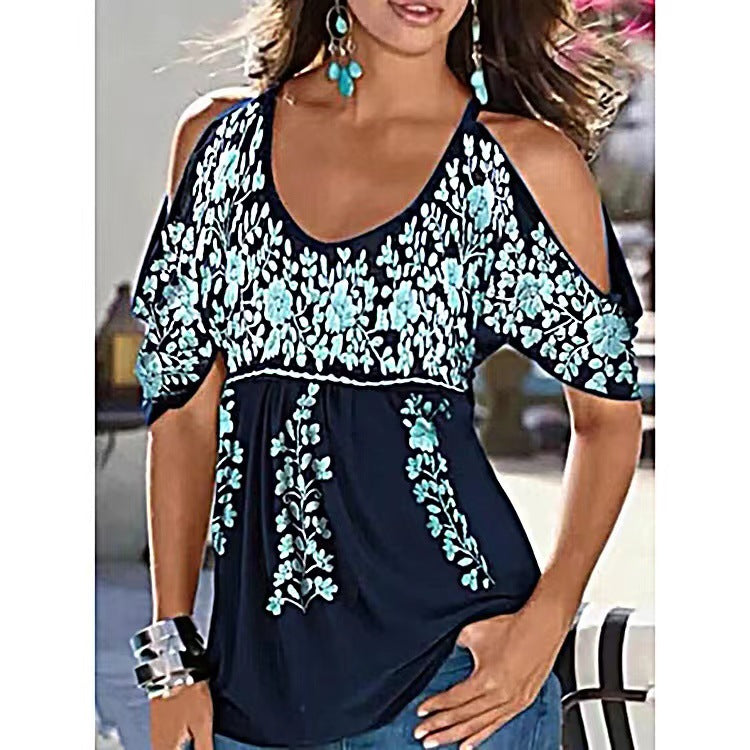 Women's Summer Loose V-neck Pleating Printed Off-shoulder Blouses